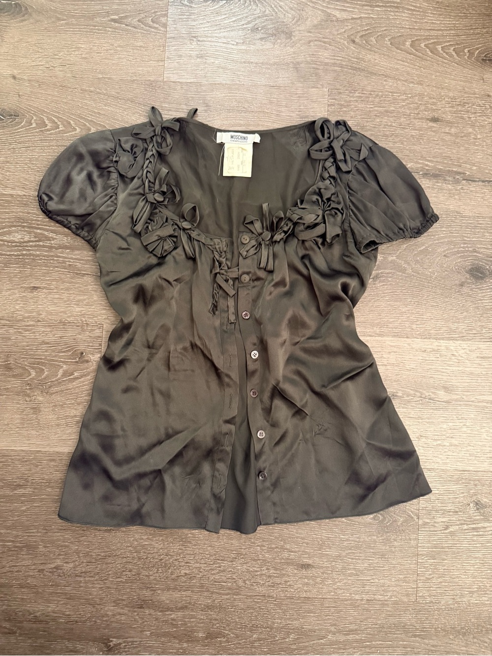 Moschino Dark Grey 100% Silk Bow-Accent Button-Front Blouse Size 38, 8 US